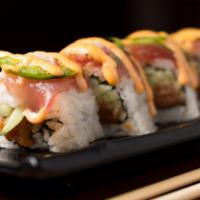 Princess · Spicy tuna, cucumber topped w/ seared talapia, jalapeno and spicy sauce.