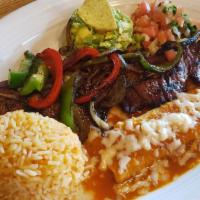 Tampiquena · Carne Asada plate with Cheese Enchilada Rice, beans, guacamole, pico de gallo ,tortillas, ch...
