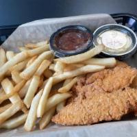 Chicken Strips & Fries · Crispy Chicken Breast Strips served with Golden French Fries and your choice of dipping sauc...