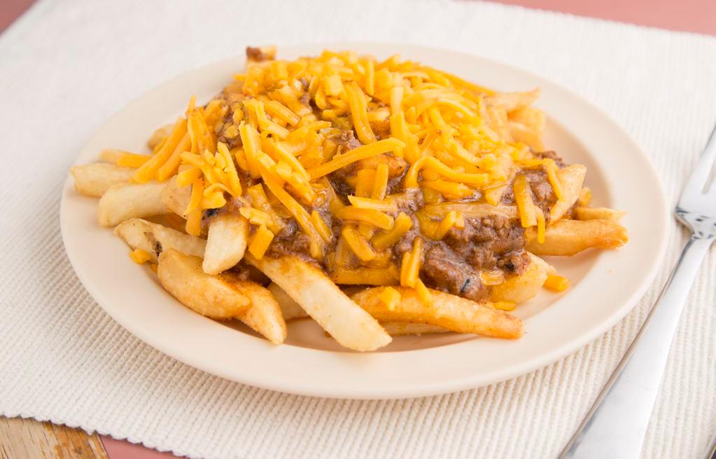 Large Chili Cheese Fries · Extra Large Order of our Fries topped with Housemade Chili and Shredded Cheddar Cheese.