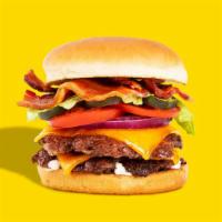 Double Bacon Cheeseburger · Two beef patties, two slices of American cheese, bacon, tomato, lettuce, onion, pickles, may...