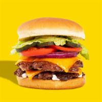 Double Cheeseburger · Two beef patties, two slices of American cheese, tomato, lettuce, onion, pickles, mayo. Serv...