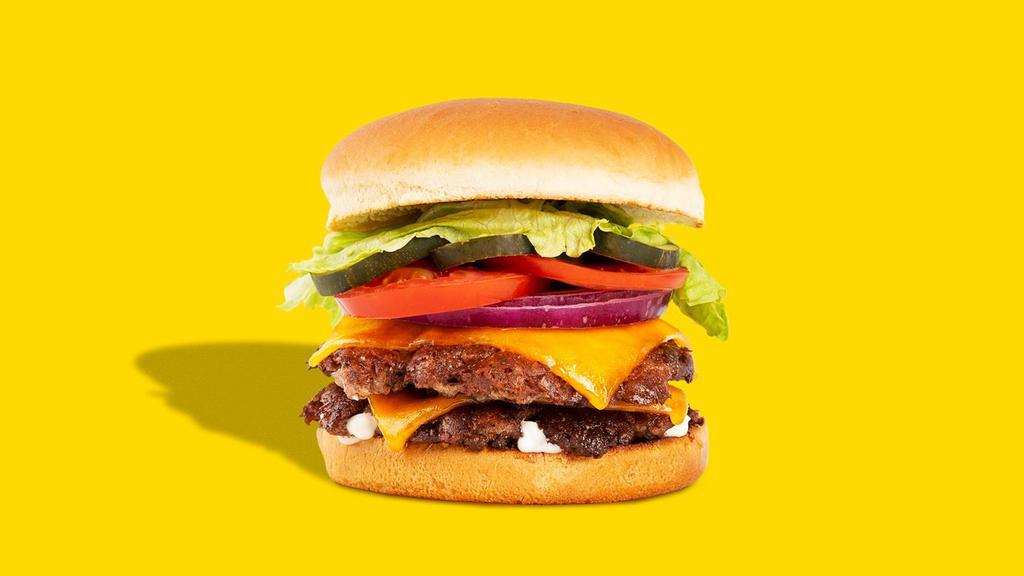 Double Cheeseburger · Two beef patties, two slices of American cheese, tomato, lettuce, onion, mayo.