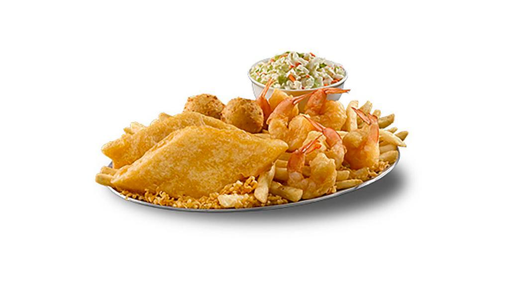 Fish & Shrimp Platter · Two pieces classic battered Alaska pollock and six pieces classic battered shrimp, two sides, and two hushpuppies.