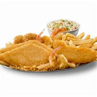 Fish, Chicken & Shrimp Platter · Two pieces classic battered Alaska pollock, one piece classic battered all-white meat chicke...