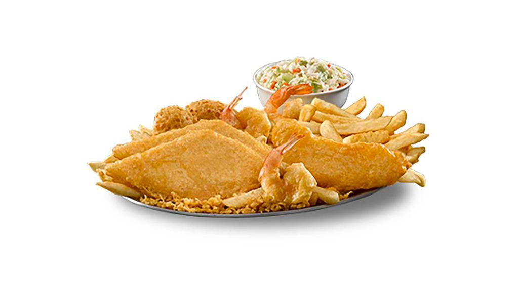 Fish, Chicken & Shrimp · Two pieces classic battered Alaska pollock, one piece classic battered all-white meat chicken, three pieces classic battered shrimp, two sides, and two hushpuppies.