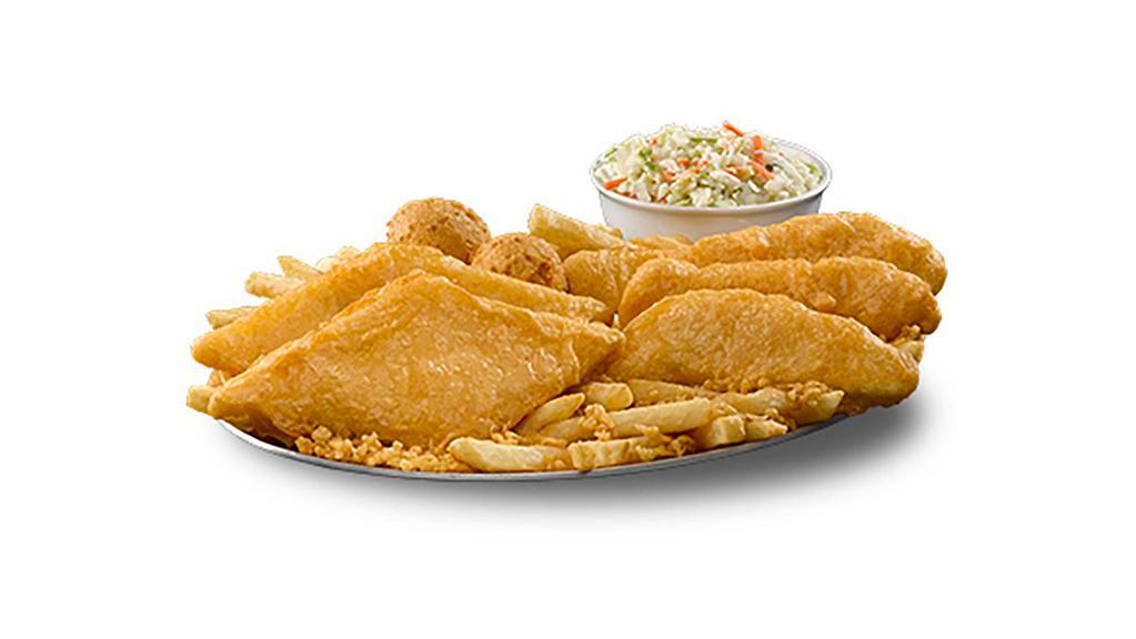 Fish & Chicken Platter · Two pieces classic battered Alaska pollock, three pieces classic battered all-white meat chicken, two sides, and two hushpuppies.
