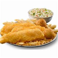 3 Chicken Meal · Three pieces classic battered all-white meat chicken, two sides and two hushpuppies.
