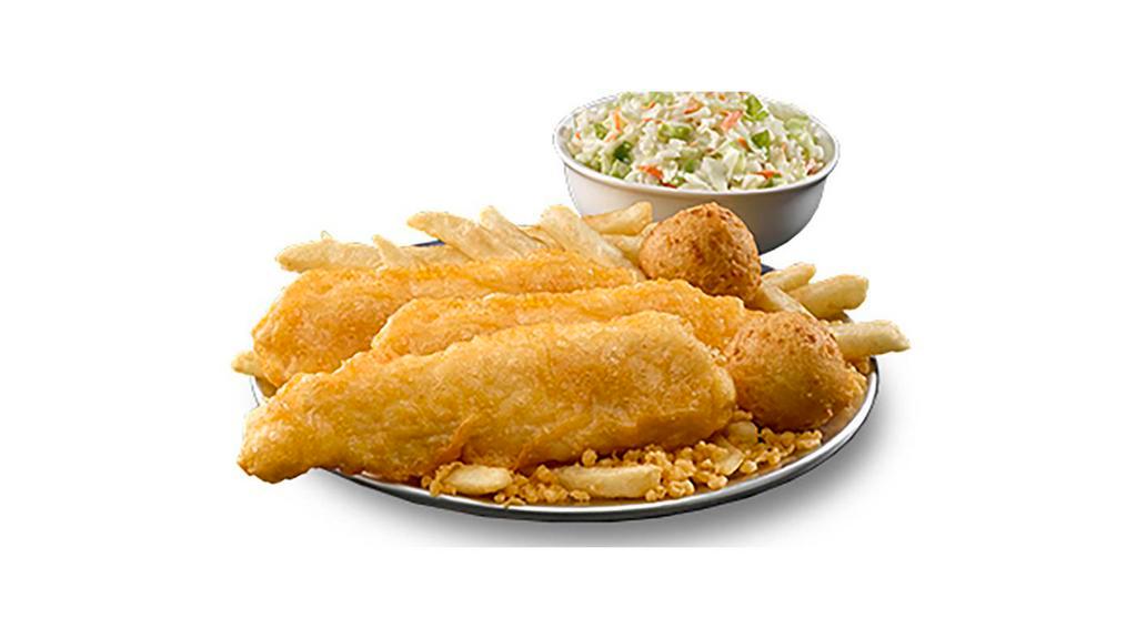 Chicken (3) · Three pieces classic battered all-white meat chicken, two sides and two hushpuppies.