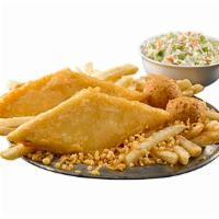 2 Fish Meal · Two pieces of classic battered Alaska pollock, two sides, and two hushpuppies.
