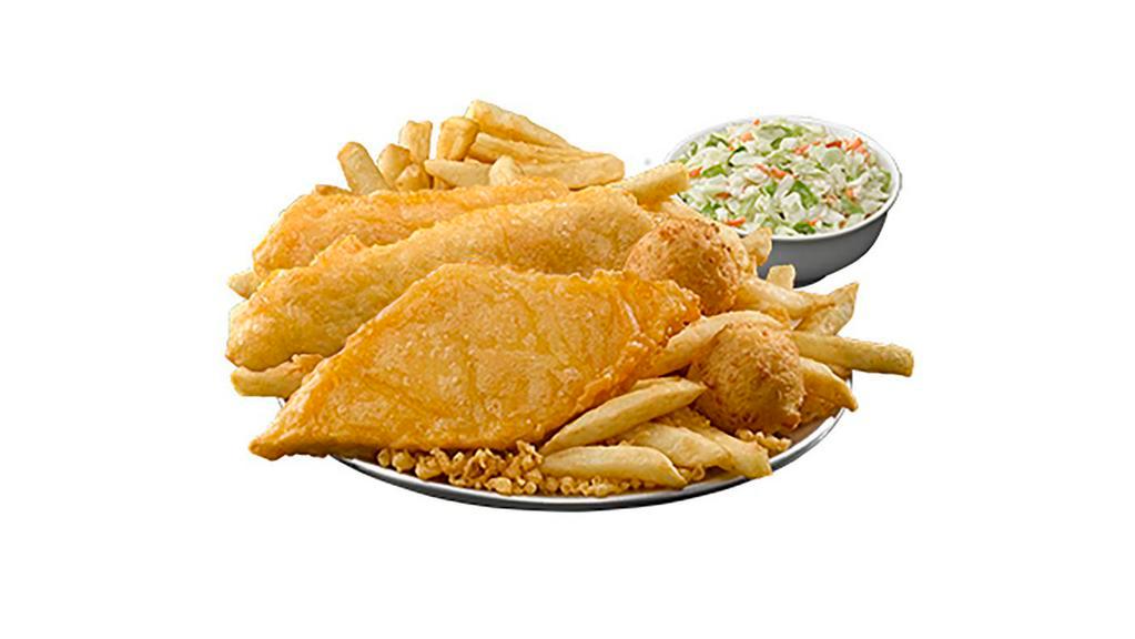 Fish & Chicken · Two pieces classic battered Alaska pollock, three pieces classic battered all-white meat chicken, two sides, and two hushpuppies.