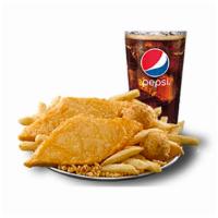 2 Fish Combo · Two pieces of classic battered Alaska pollock, one side, two hushpuppies, and a 20oz drink.