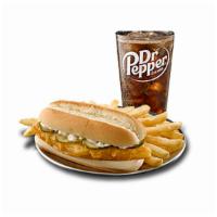 Fish Sandwich · Classic battered Alaska pollock sandwich (includes pickles and tartar sauce), one side, and ...