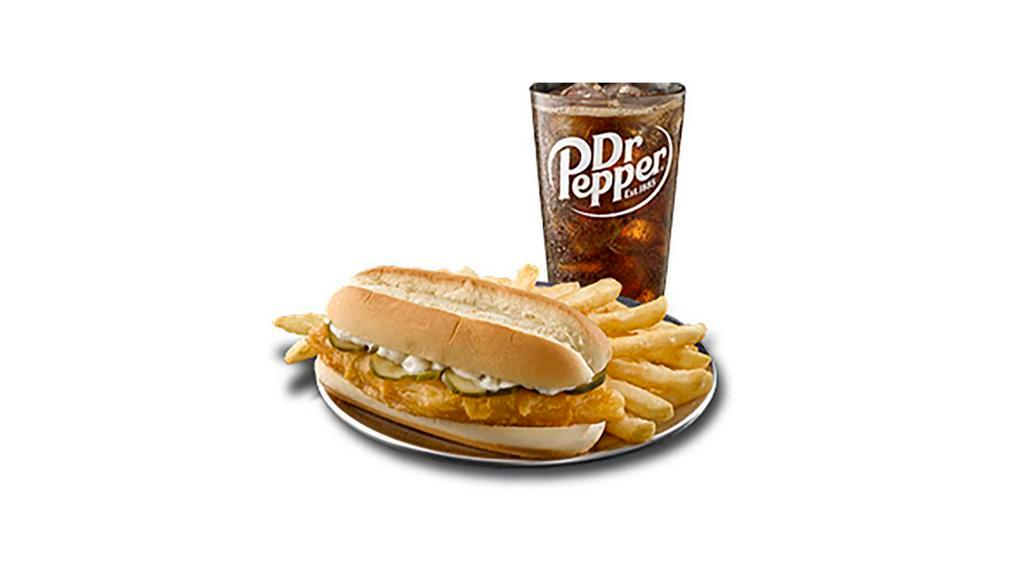 Fish Sandwich · Classic battered Alaska pollock sandwich (includes pickles and tartar sauce), one side and drink.
