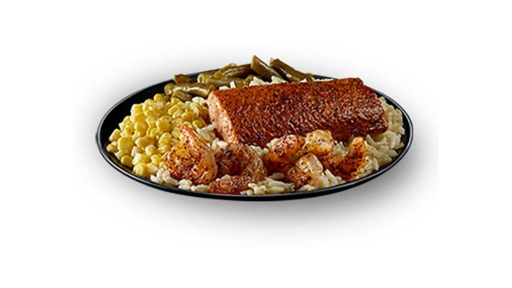 Grilled Salmon & Shrimp Platter · One piece grilled salmon, four pieces grilled shrimp served on a bed of rice with two sides.