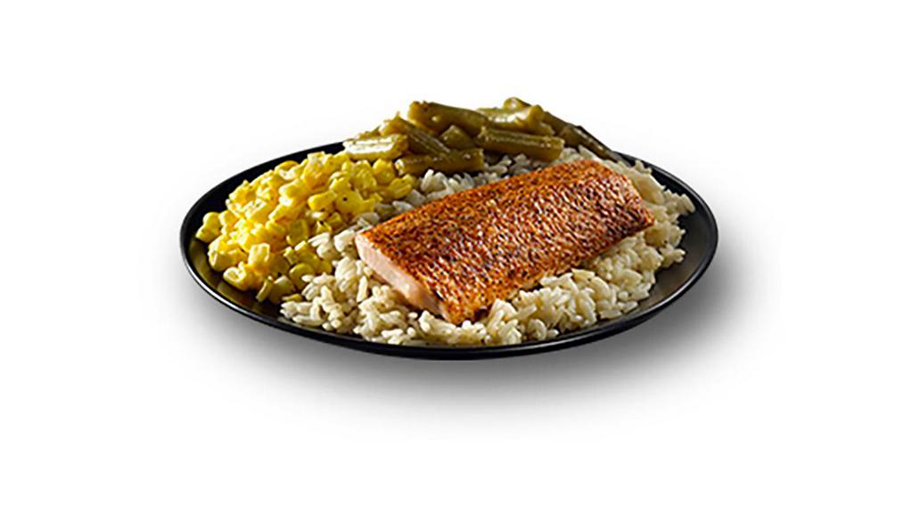 Grilled Salmon Meal · 1 piece of grilled salmon served on a bed of rice with 2 sides.