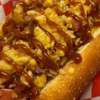 Western Dog · Angus hotdog topped with BBQ sauce, bacon, shredded cheese and crispy onion strips.