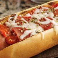 Pizza Dog · Angus Dog on white Bun topped with marinara sauce, mozzarella cheese, pepperoni and Italian ...