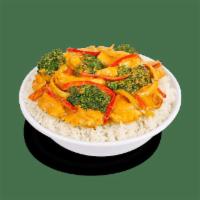 Thai Coconut Curry Chicken · Steamed white meat chicken, garlic, red bell peppers, onions and broccoli. Tossed in a cream...