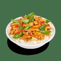 Thai Basil Chicken · Sliced marinated chicken breast, wok tossed with red bell peppers, onions basil leaves, red ...