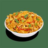 Spicy Drunken Noodles Chicken · Steamed white meat chicken, rice noodles, red bell peppers, onions, scallions, garlic  chili...