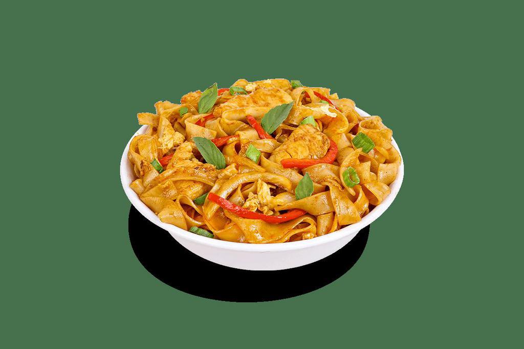 Spicy Drunken Noodles Chicken · Steamed white meat chicken, rice noodles, red bell peppers, onions, scallions, garlic  chili paste and egg. Tossed in a savory sweet and spicy sauce with fresh basil.