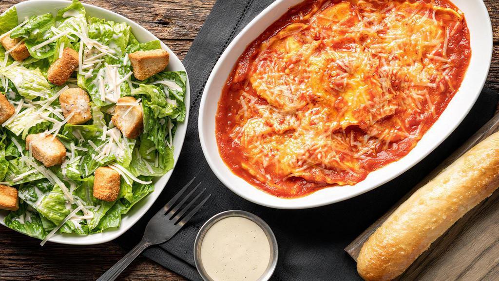 Cheese Ravioli Lunch Combo · Cheese ravioli smothered with your choice of marinara or our classic Alfredo sauce and topped with shredded parmesan cheese. Served with a breadstick. Pick your salad, then choose a hand pie or a fountain drink.