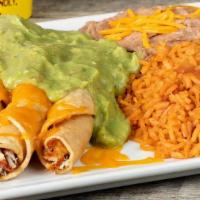 Combo#3 Taquitos · Three chicken taquitos topped with fresh homemade creamy guacamole and cheddar cheese.