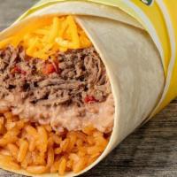 Miguel'S Jr. Original, Carne Asada · Refried beans, Spanish rice, cheddar cheese & choice of meat