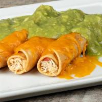 Taquitos, Chicken · Three taquitos topped with fresh homemade creamy guacamole and cheese.

*Chicken is topped w...