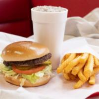 Fancy Burger Combo · Served with fries and drinks.