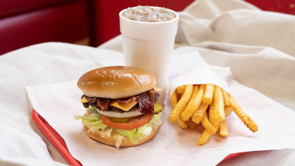 Bacon Cheese Burge Combo · Served with fries and drinks.
