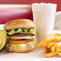 Avocado Burger Combo · Served with fries and drinks.