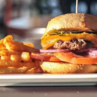 Lighthouse Cheeseburger · Grilled angus beef with cheddar cheese green leaf lettuce, tomato, red onion, pesto aioli on...