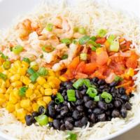 Caribbean Shrimp Rice Bowl · Wild-caught Argentinian red shrimp, black beans, yellow corn, white basmati rice, topped wit...