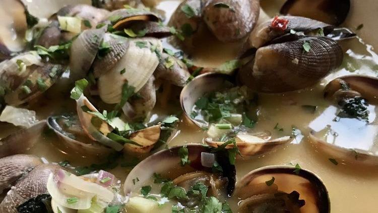 Prosecco Steamed Clams · with Tomatoes, Shallots, Garlic, Fennel, Fresh Herbs, White Wine and Butter