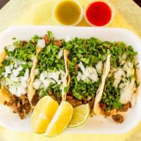 Mini Tacos (4 Pcs.) · SMALL CORN TORTILLA, YOUR CHOICE OF MEAT. TOPPED WITH CILANTRO AND ONIONS