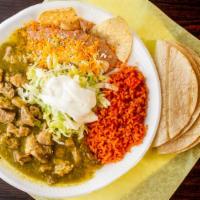 Chile Verde Plate · Chile verde meat with lettuce and sour cream. served with rice and beans on the side