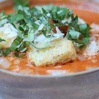 Creamy Tomato Basil Soup · Tomato / fine herbs / cream / croutons / shaved parmesan