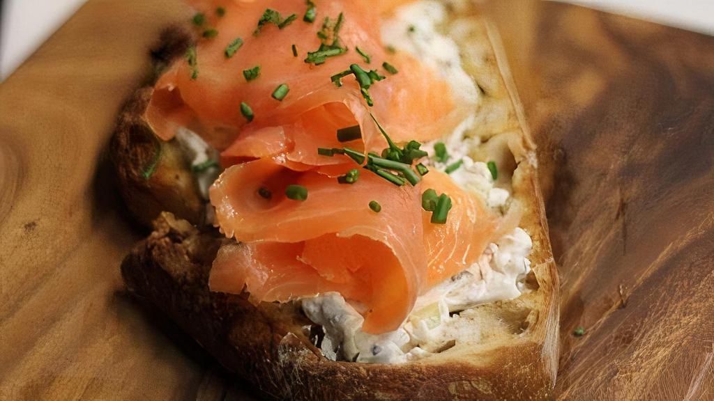 Smoked Salmon Toast · Cold smoked gravlox style salmon / tzatziki / scallion / chive.
Served on Bread & Cie Levain or Substitute with Organic gluten-free whole grain bread for an additional $2.75