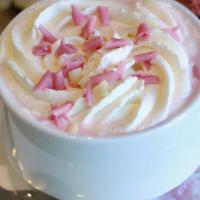 Pink Hot Chocolate · Pink white chocolate / whole milk/ strawberry sprinkles / whipped cream