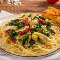 Healthy Pasta · Linguine, olive oil, sun-dried tomatoes, spinach, artichoke, and garlic.