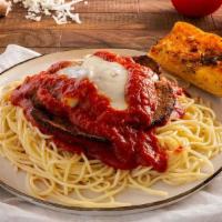 Eggplant Parmigiana With Spaghettini · Breaded sliced eggplant topped with Marinara sauce and mozzarella cheese on a bed of spaghet...