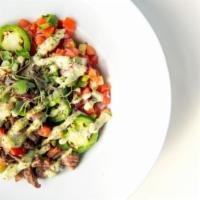 Steak Fajita Bowl · sautéed vegetables, white rice, jalapeños, pico de gallo, creamy avocado salsa
