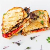 Mushroom Veggie Sandwich · burrata cheese, roasted bell peppers, caramelized onions, balsamic glaze on toasted sourdough