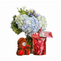 Huggable Hydrangeas · White and light blue hydrangeas (4 pieces), leather leaf ferns, wax flowers. Bear and chocol...