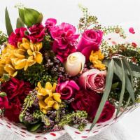 Graceful Blossoms · Bouquet of roses, carnations, sunflowers, mums,  fillers and seeded eucalyptus


Substitutio...