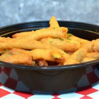 Fried Pickles · Lightly breaded pickles fried crisp and served with side of ranch dressing.