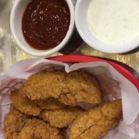 Chicken Strips · Breaded and golden fried chicken breast strips. Served with dipping sauce.
