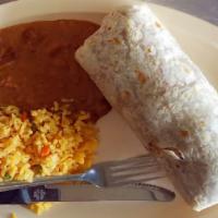 Asada Burrito · Acompañados con frijoles, arroz y nopales.